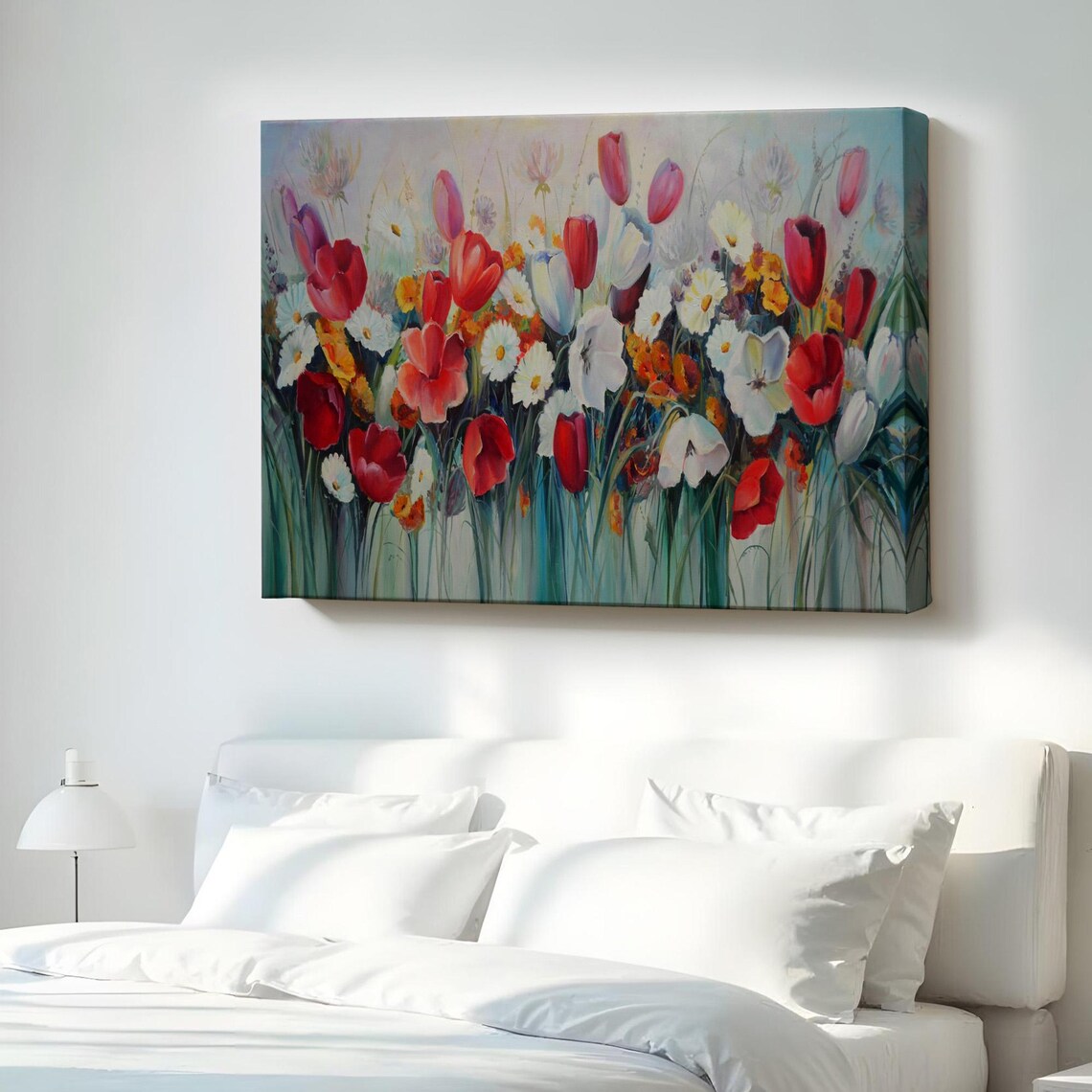 Red Tulips White Daisies Wildflowers Oil Painting Canvas Poster