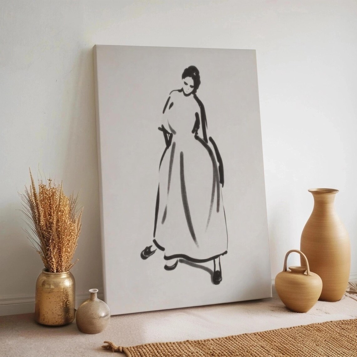 Minimal Woman Line Art Elegant Black White Brush Painting Wall Art