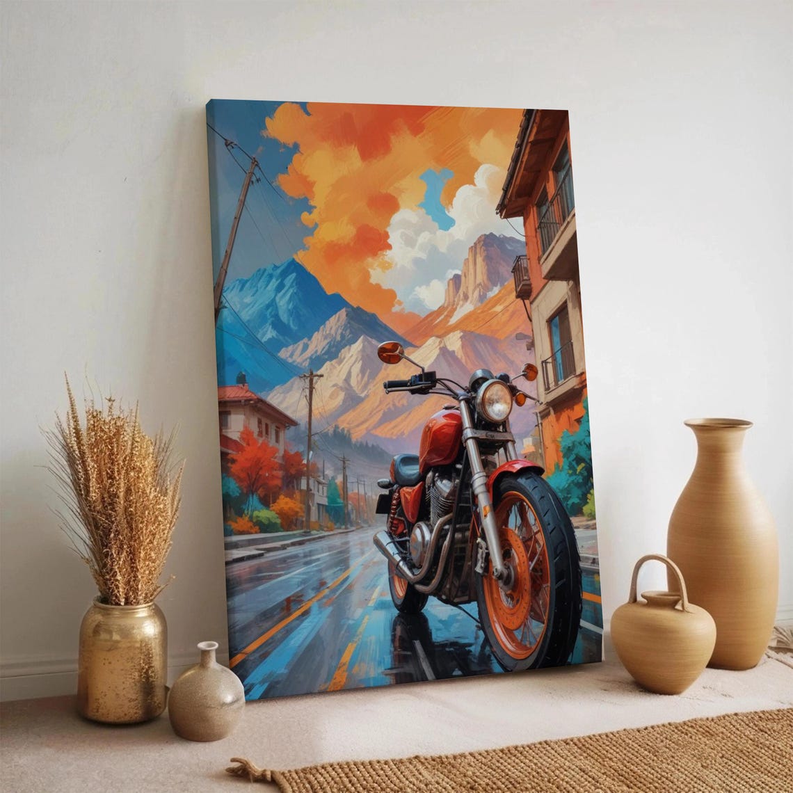 Red Retro Motorcycle on Mountain Road Sunset Canvas Wall Art