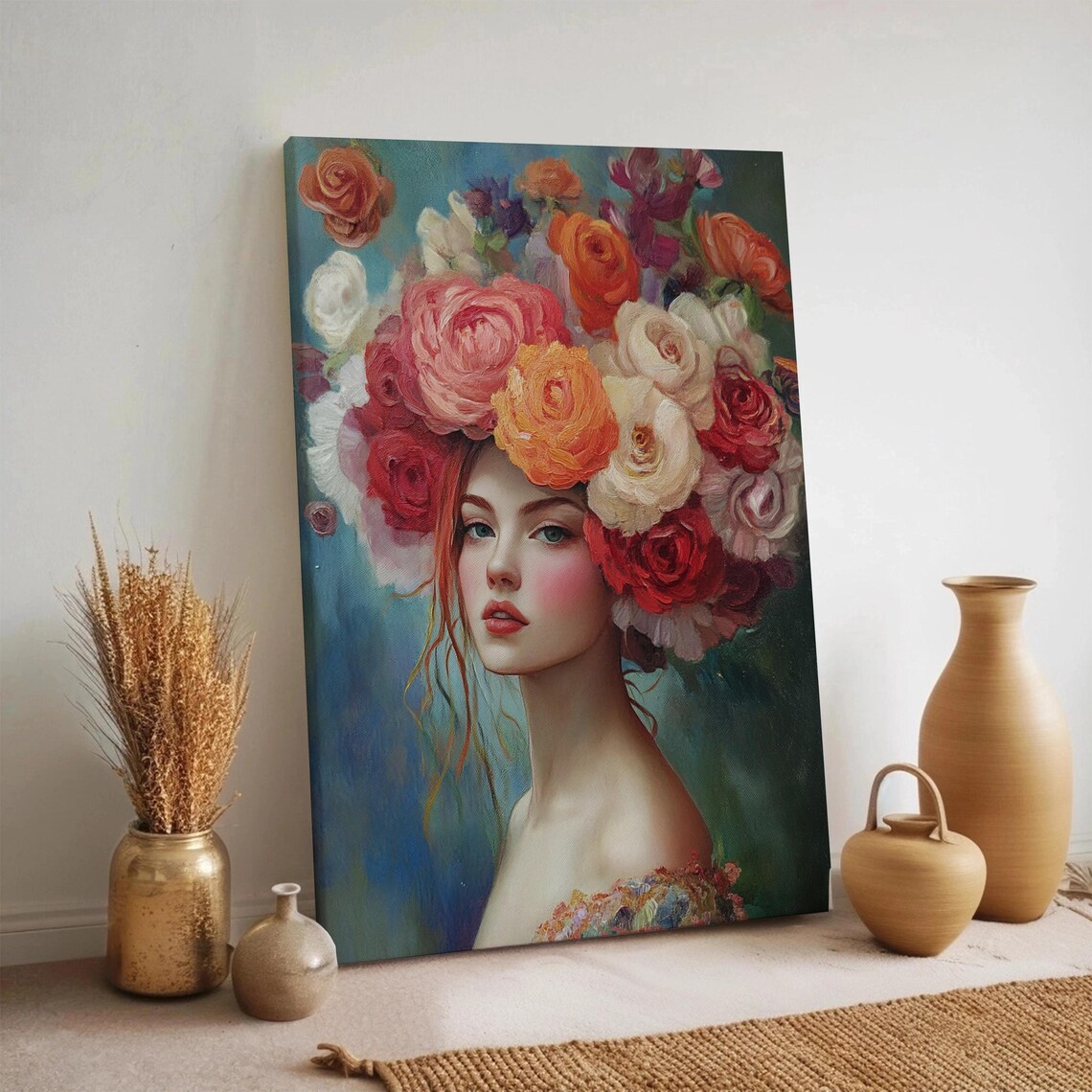 Floral Woman Portrait With Flower Crown Poster Vibrant Rose Headpiece Art Decor