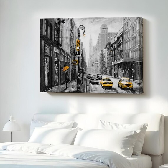 New York Street Yellow Taxis Black White Selective Color Wall Art