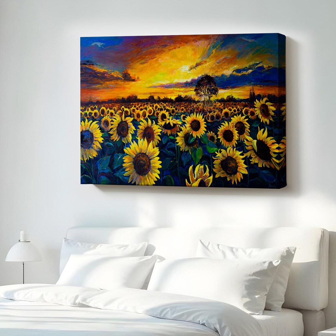 Sunflower Field Sunset Oil Painting Style Floral Landscape Print