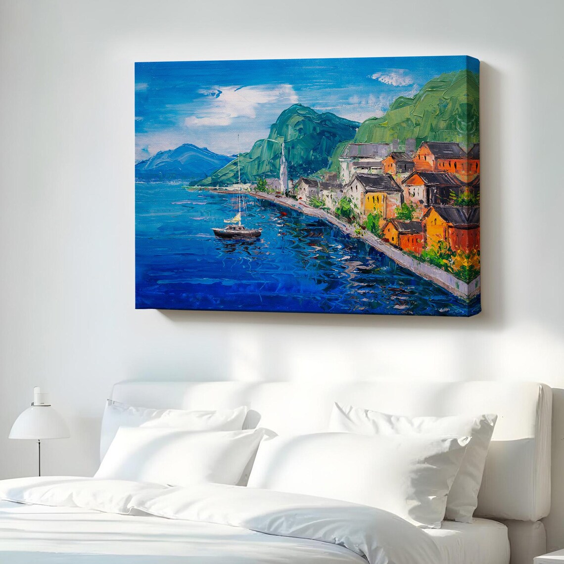 Lakeside Village Sailboat Mountains Colorful Houses Oil Painting Art Poster