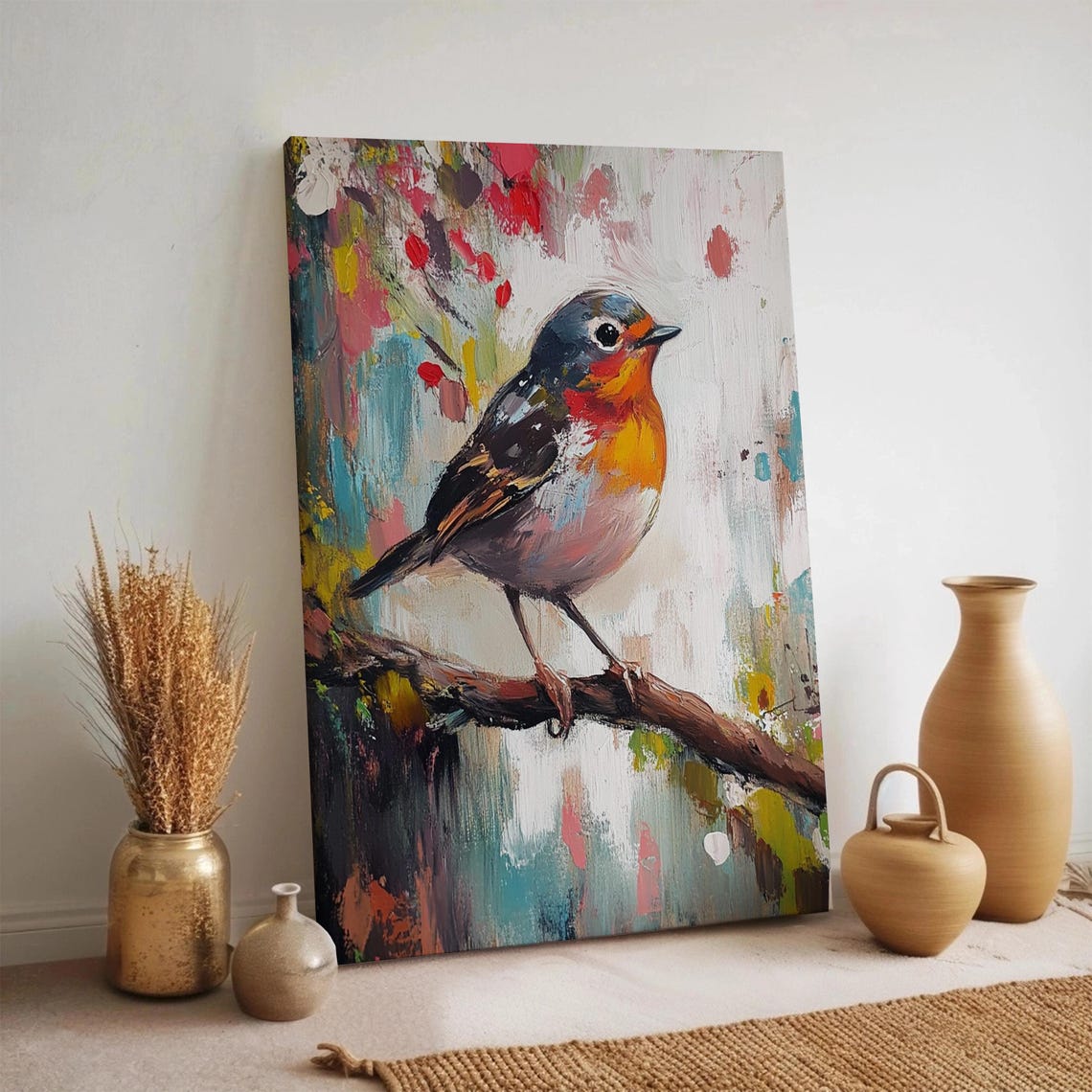 Robin On Branch Colorful Impressionist Bird Nature Painting Poster