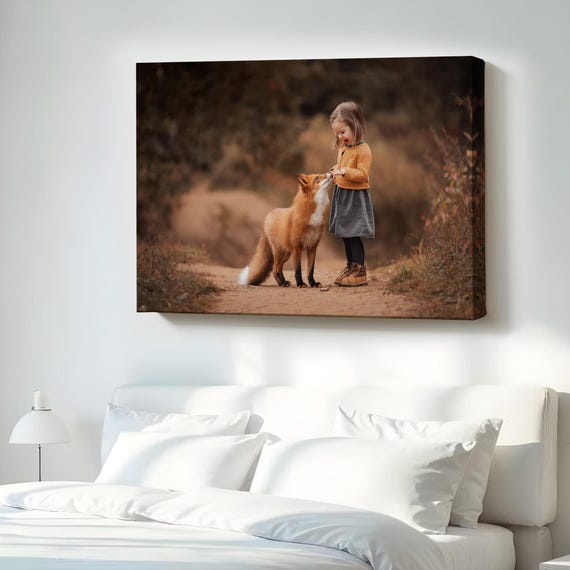 Little Girl And Fox Decorative Canvas Painting Housewarming Gifts Animal Wall Art Large Decor