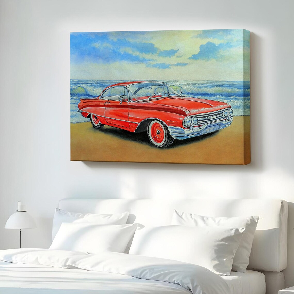 Red Vintage Classic Coupe Beach Oil Painting Style Wall Decor Poster