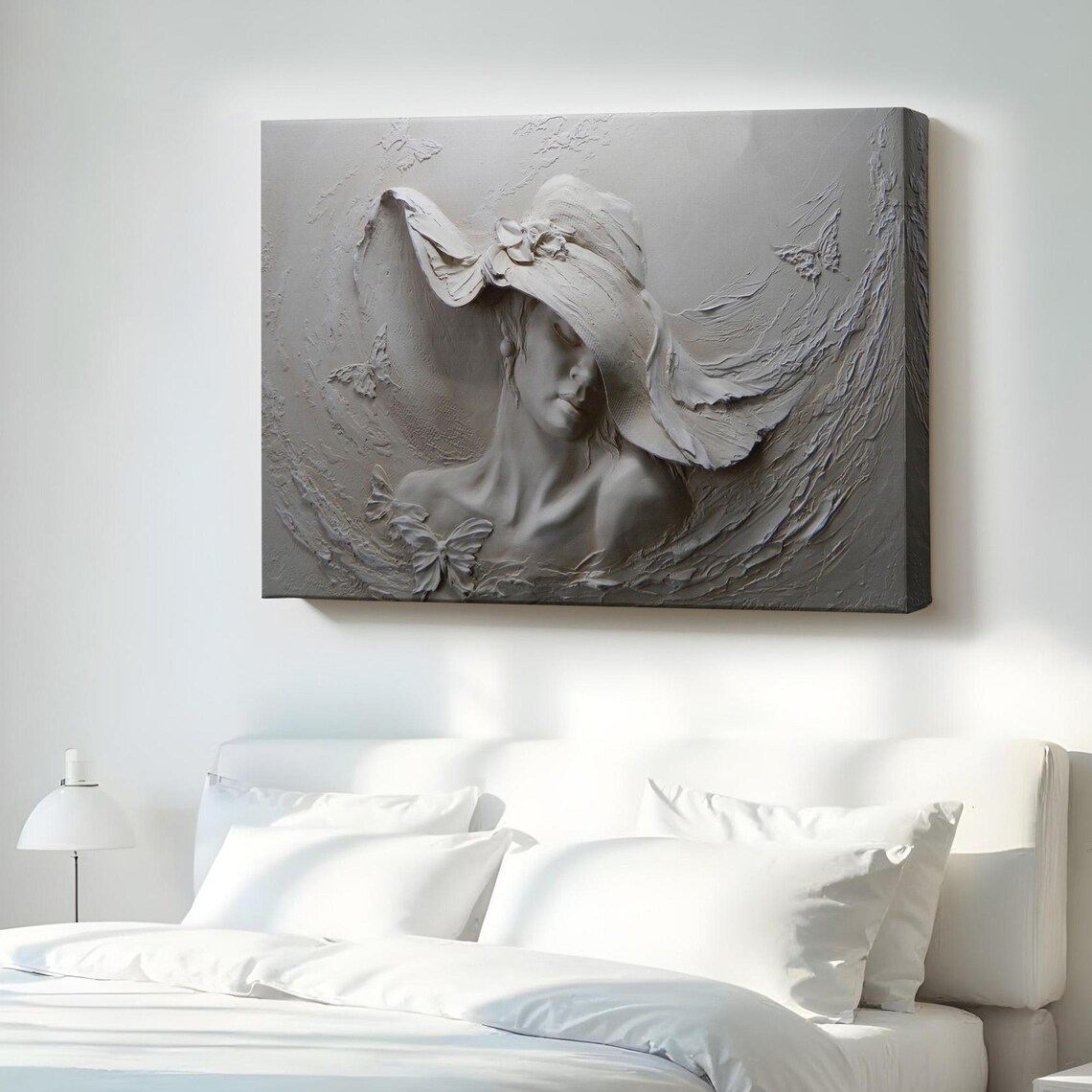 Elegant Woman With Flowing Hat Monochrome 3D Embossed Relief Art Poster