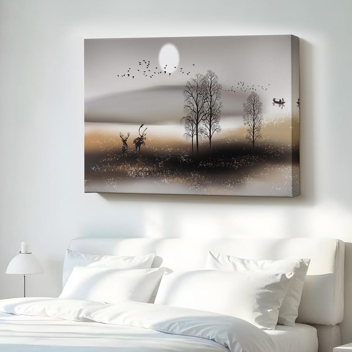 Misty Moonlit Forest Deer Silhouette Serene Landscape Art Poster