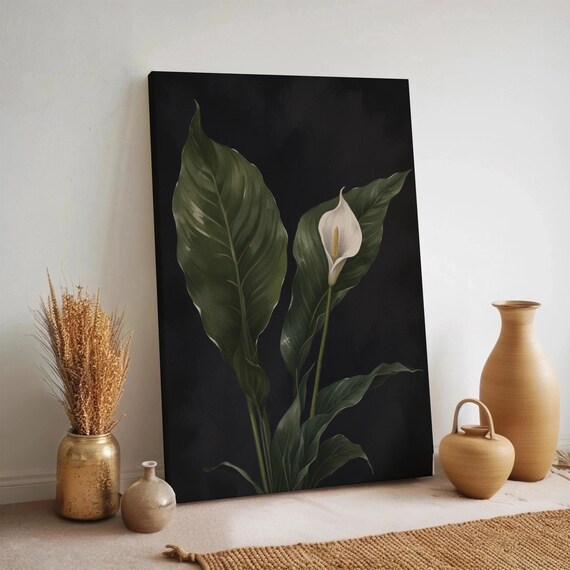 Peace Lily Botanical Canvas Dark Floral Plant Poster Elegant White Flower Print Moody Nature Decor Framed Minimal Monochrome Artwork
