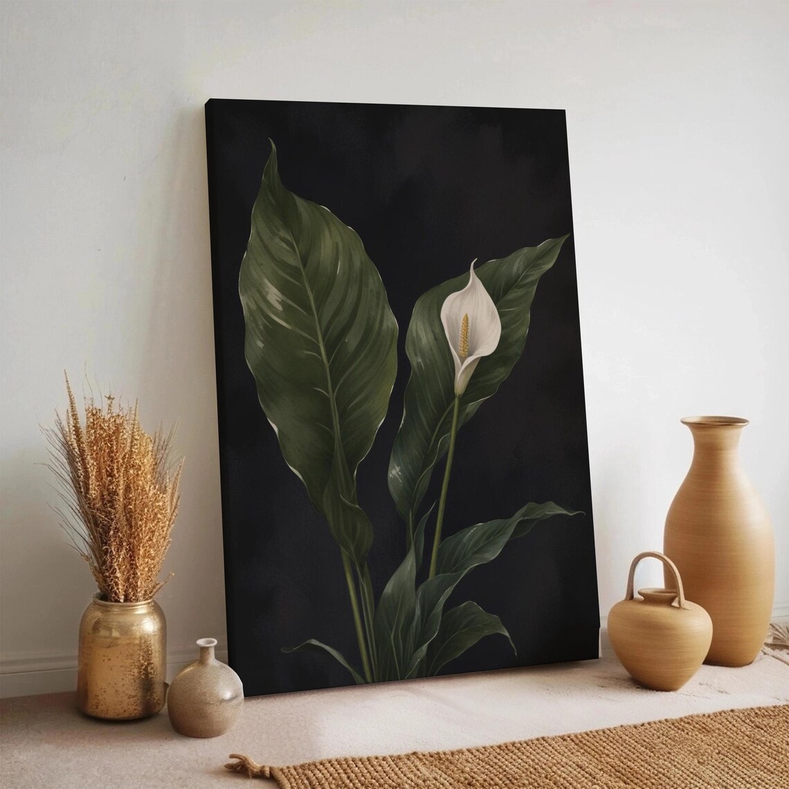 White Peace Lily Bloom Dark Botanical Floral Elegant Dramatic Wall Poster