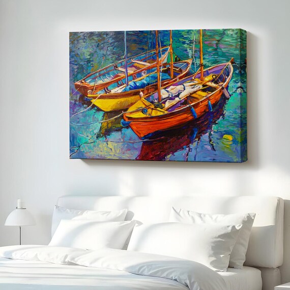Colorful Moored Boats On Turquoise Water Impressionist Art Poster