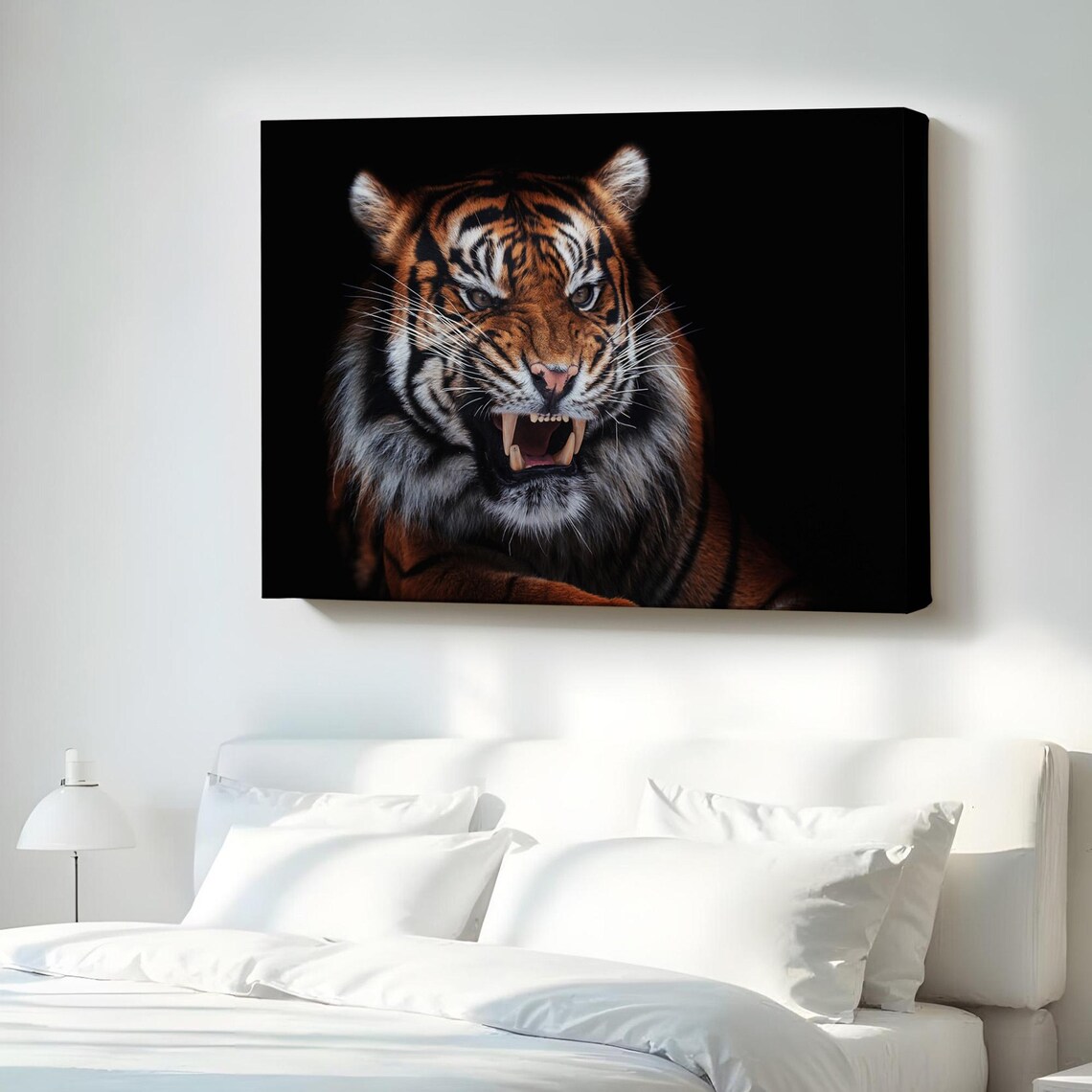 Fierce Roaring Tiger Face Portrait Dark Canvas Wildlife Art Poster