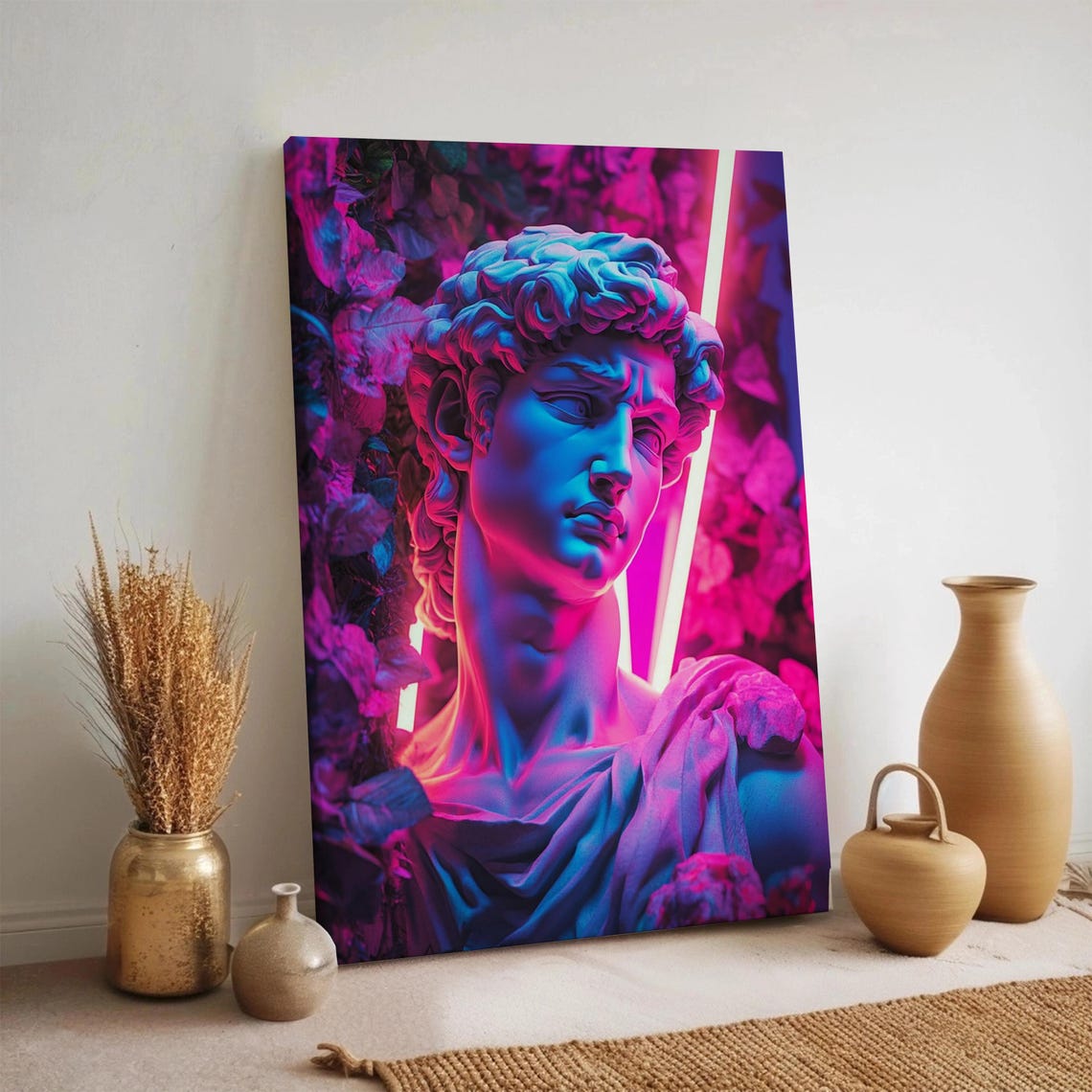 Michelangelo David Statue Neon Pink Blue Vaporwave Art Poster