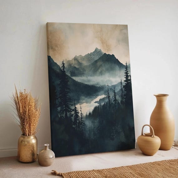 Dark Forest Mountain Canvas Wall Art Moody Nature Landscape Print With Misty Pines And Peaks Rustic Cabin Decor For Living Room Or Office