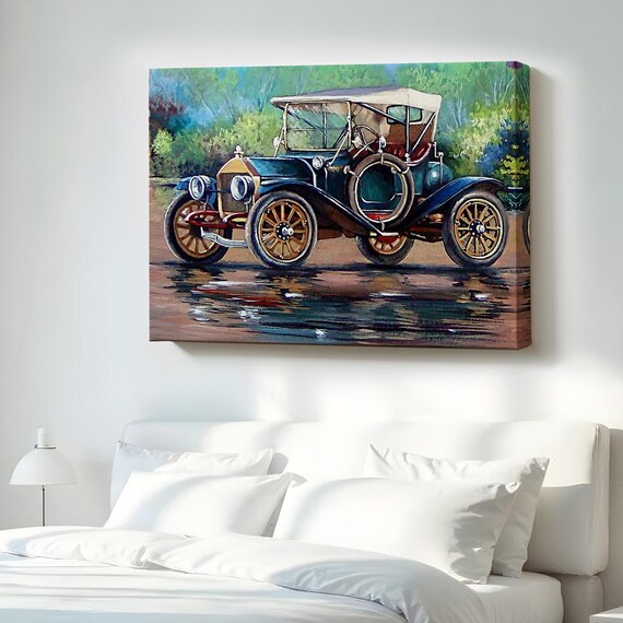 Vintage Blue Classic Car Oil Painting Style Retro Roadster Poster