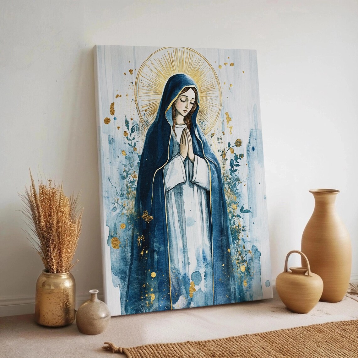 Praying Virgin Mary in Blue Watercolor Gold Halo Religious Wall Art