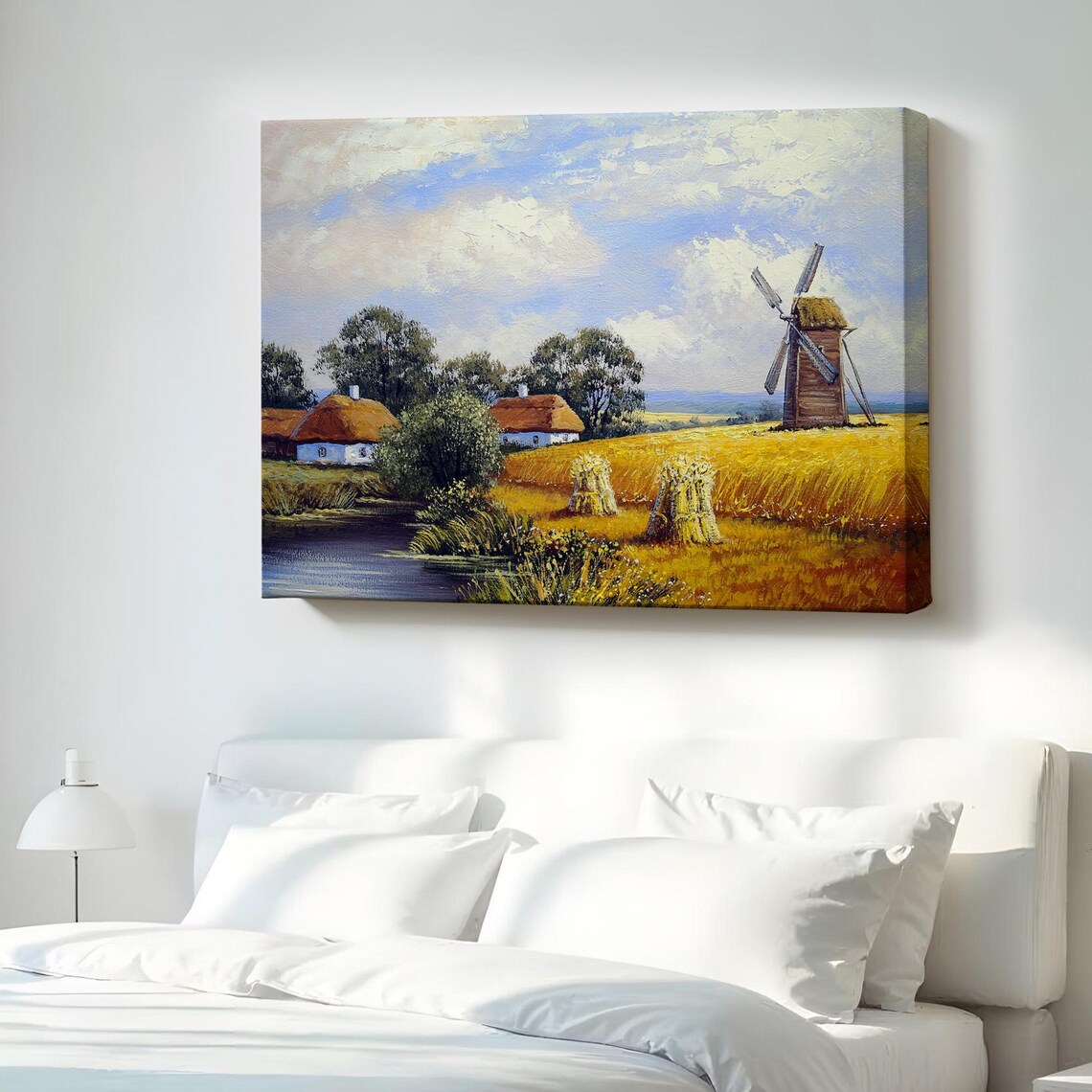 Golden Wheat Fields Windmill Village River Oil Painting Art Poster