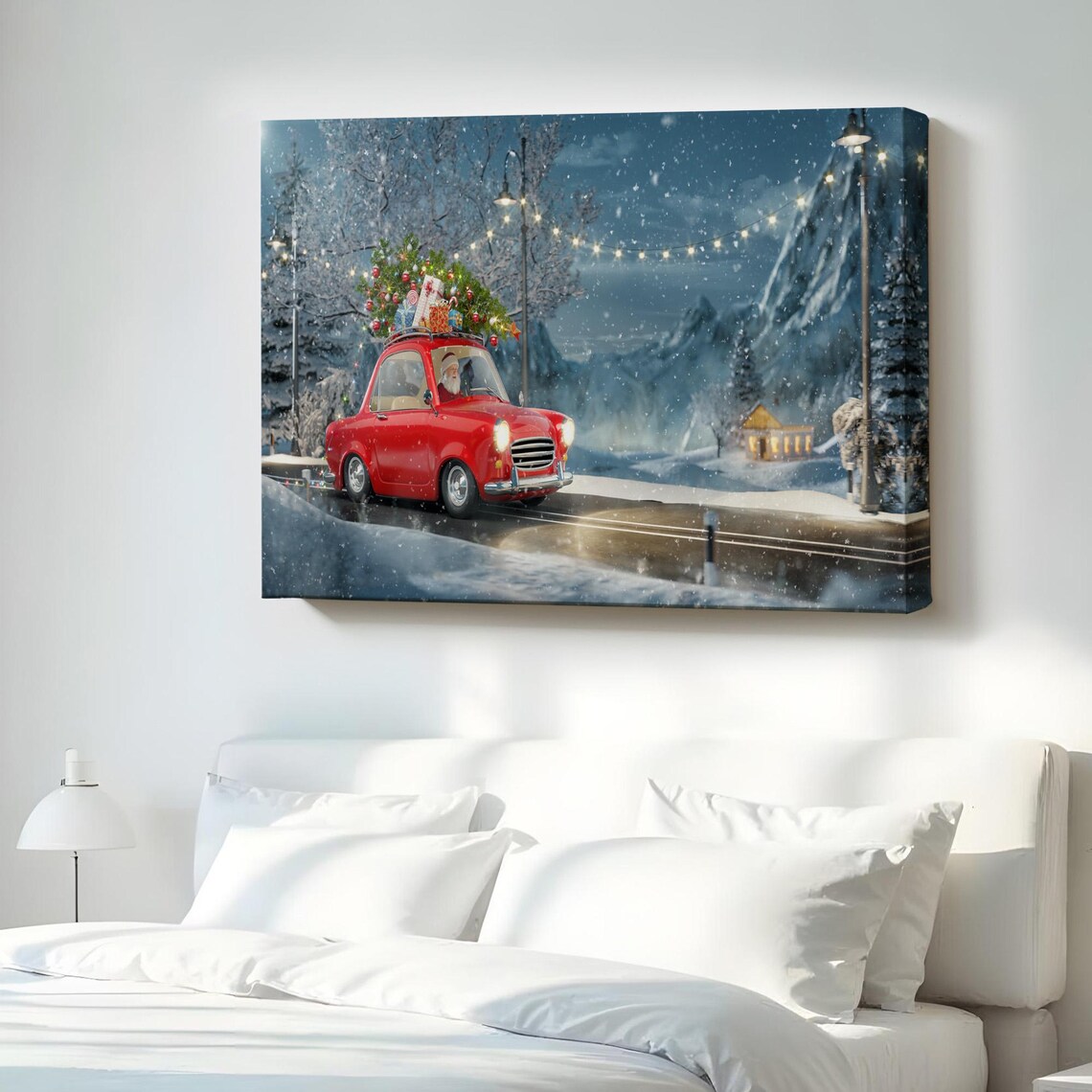 Santa Claus Red Vintage Car Christmas Night Scene Holiday Wall Art