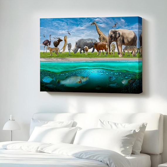 Safari Animals Above Water And Ocean Fish Below Split Scene Canvas Print