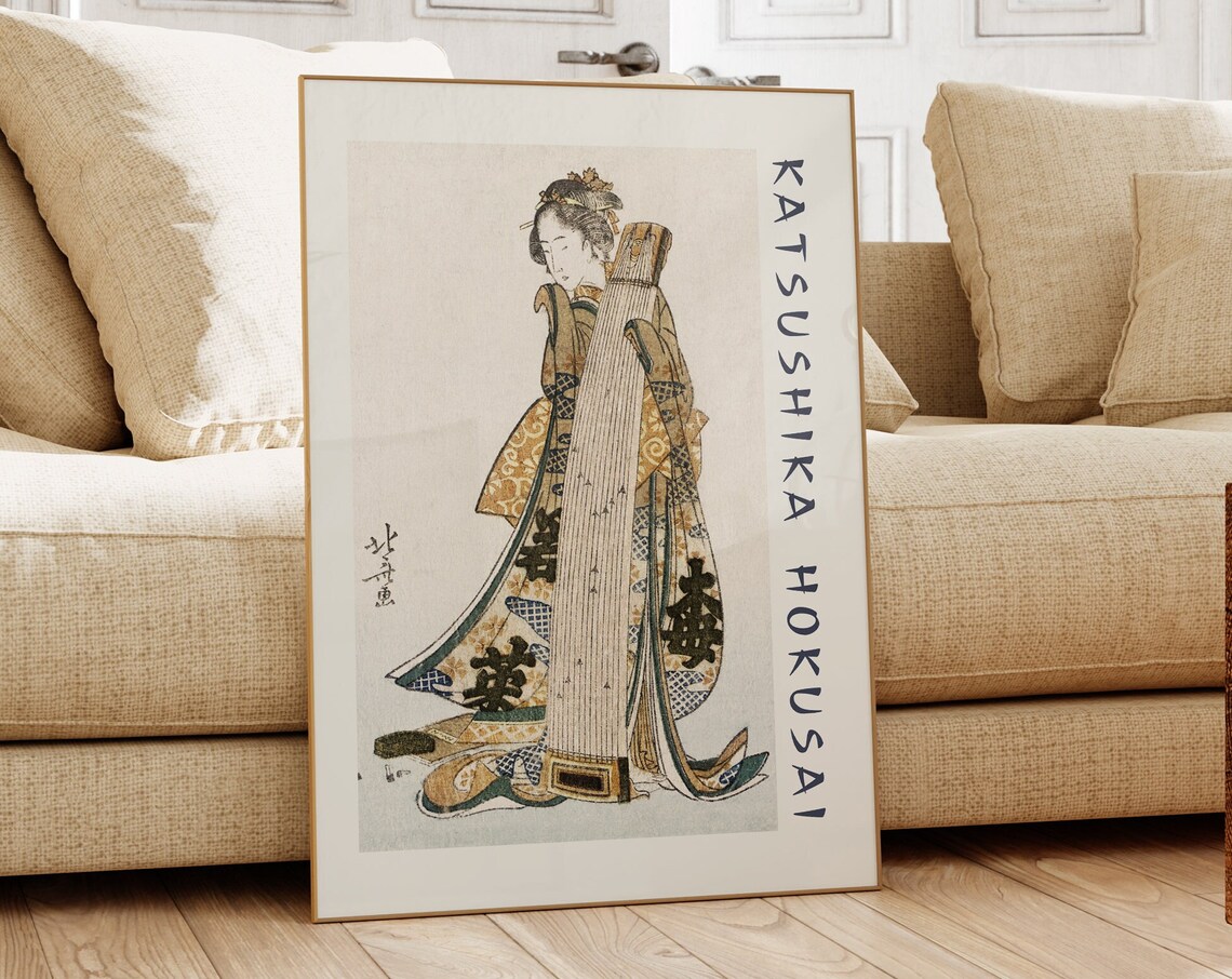 Katsushika Hokusai Geisha with Koto Instrument Kimono Art Poster