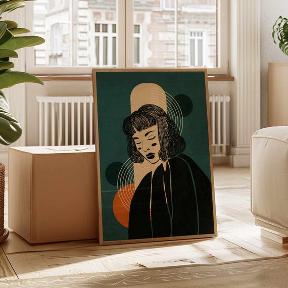 Retro Portrait Abstract Woman Art Print, Boho Mid-Century
