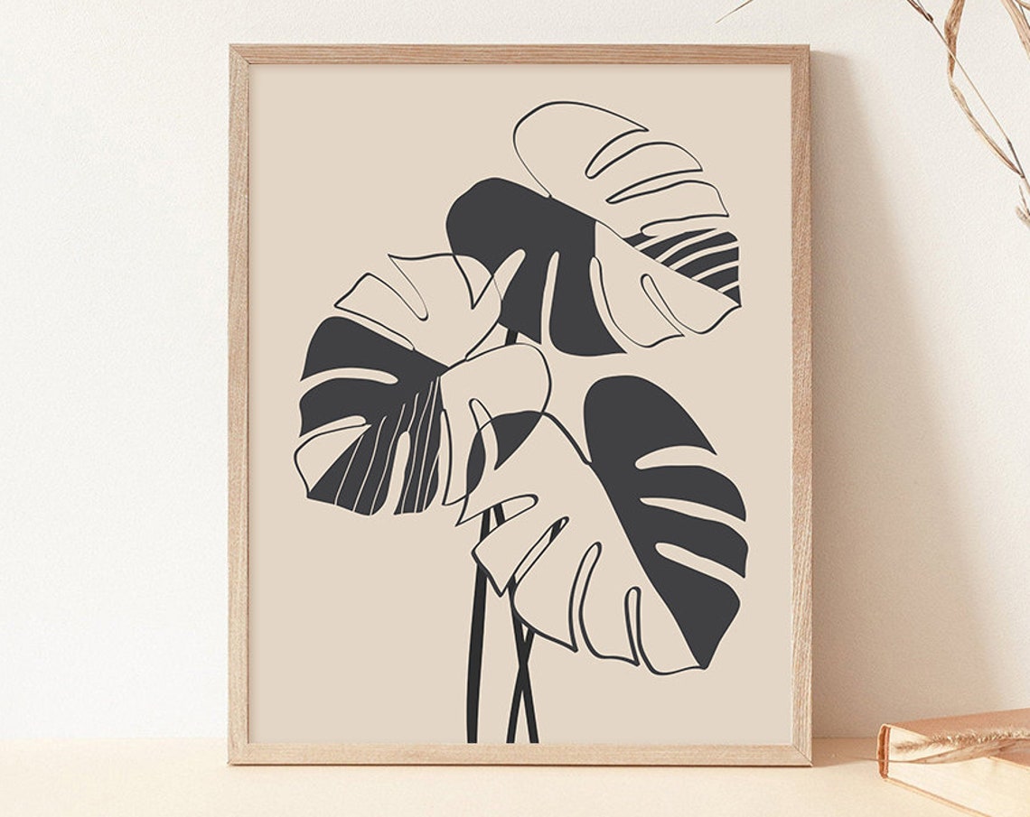 Black Monstera Line Art Leaves Beige Botanical Minimalist Print - Image 3