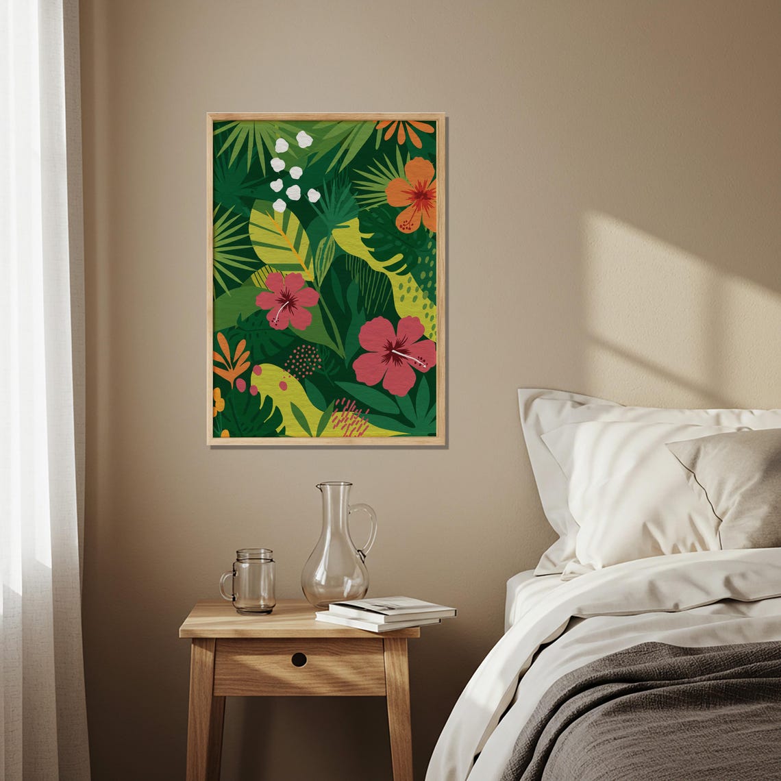 Tropical Jungle Hibiscus Palm Leaf Lush Green Botanical Wall Art