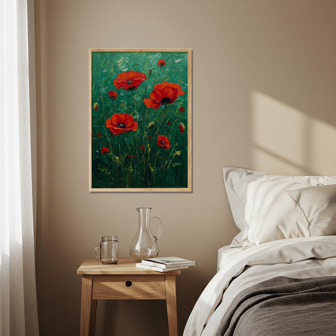 Red Poppies Impressionist Oil Painting Green Meadow Floral Print