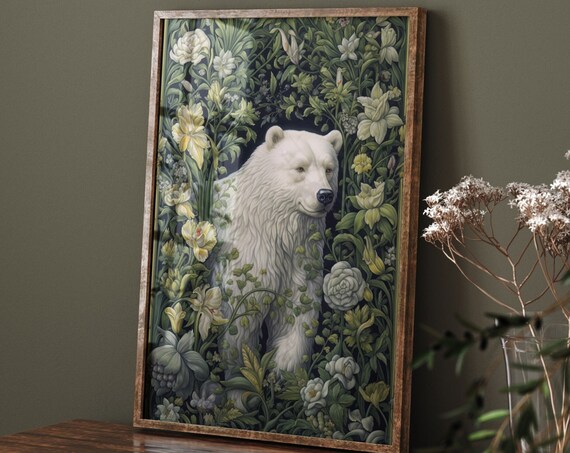 White Polar Bear William Morris Floral Garden Woodland Wall Art