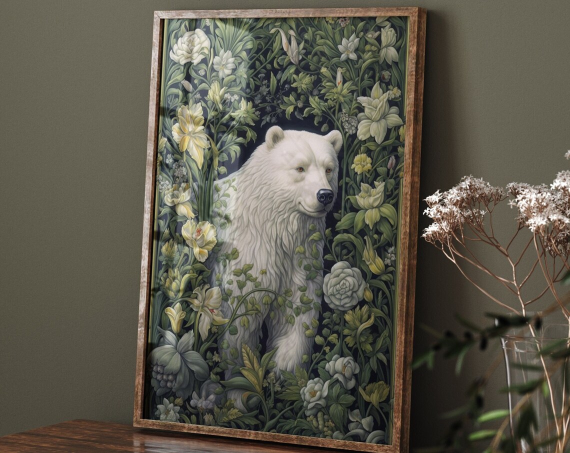White Polar Bear William Morris Floral Garden Woodland Wall Art