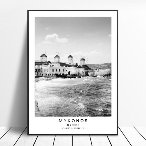 Mykonos Minimalist Travel Poster, Black and White Greece