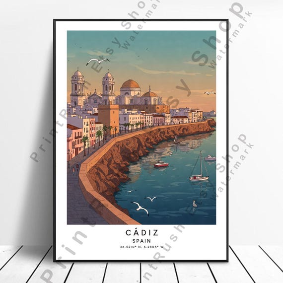 Cdiz Spain Travel Poster Coastal City Wall Art Cadiz Mediterranean Home Decor Gift Illustration Print