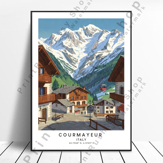 Courmayeur Travel Poster Italian Alps Ski Lift Print Snow Chalet Wall Art Mountain Landscape Decor