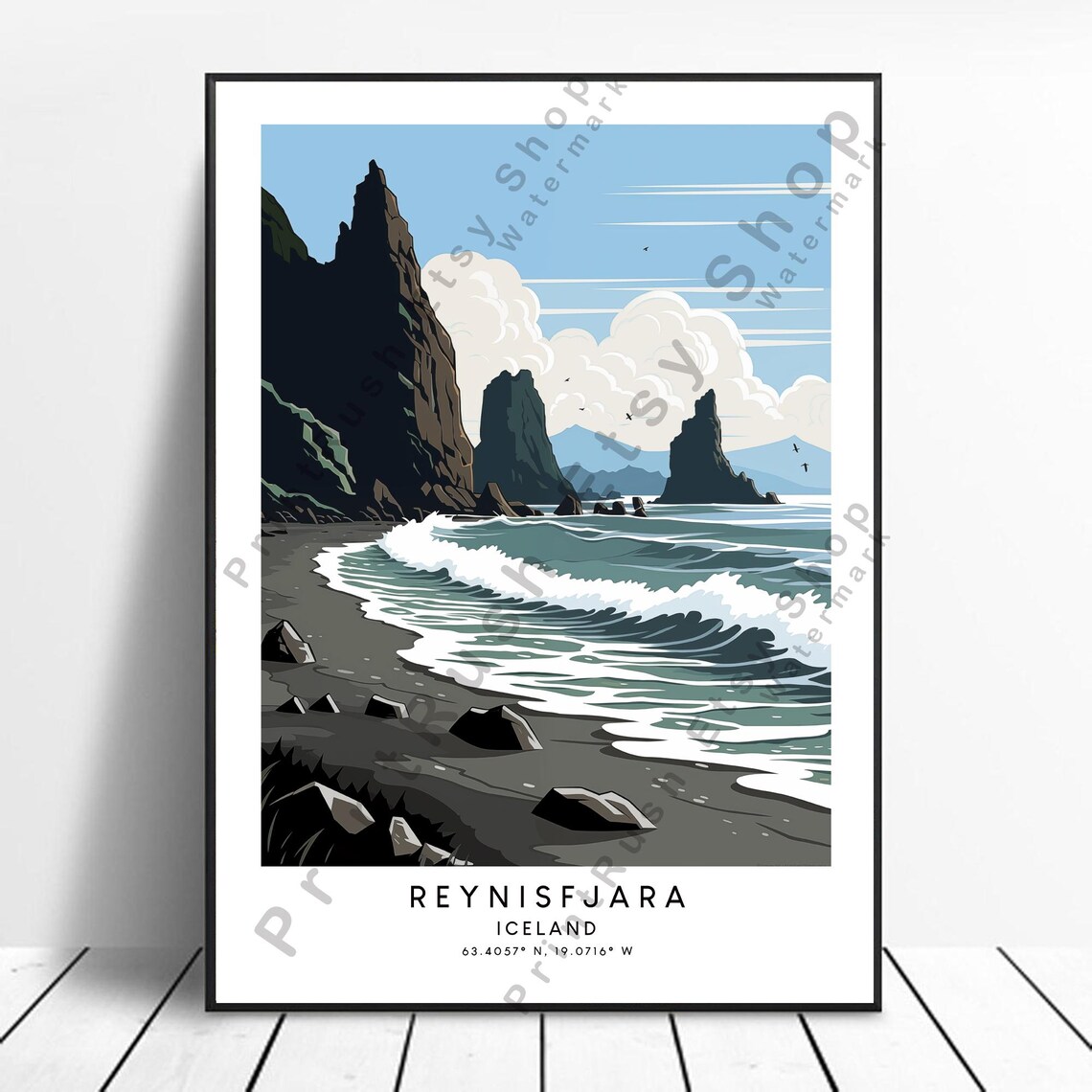 Reynisfjara Black Sand Beach Sea Stacks Iceland Daytime Travel Poster