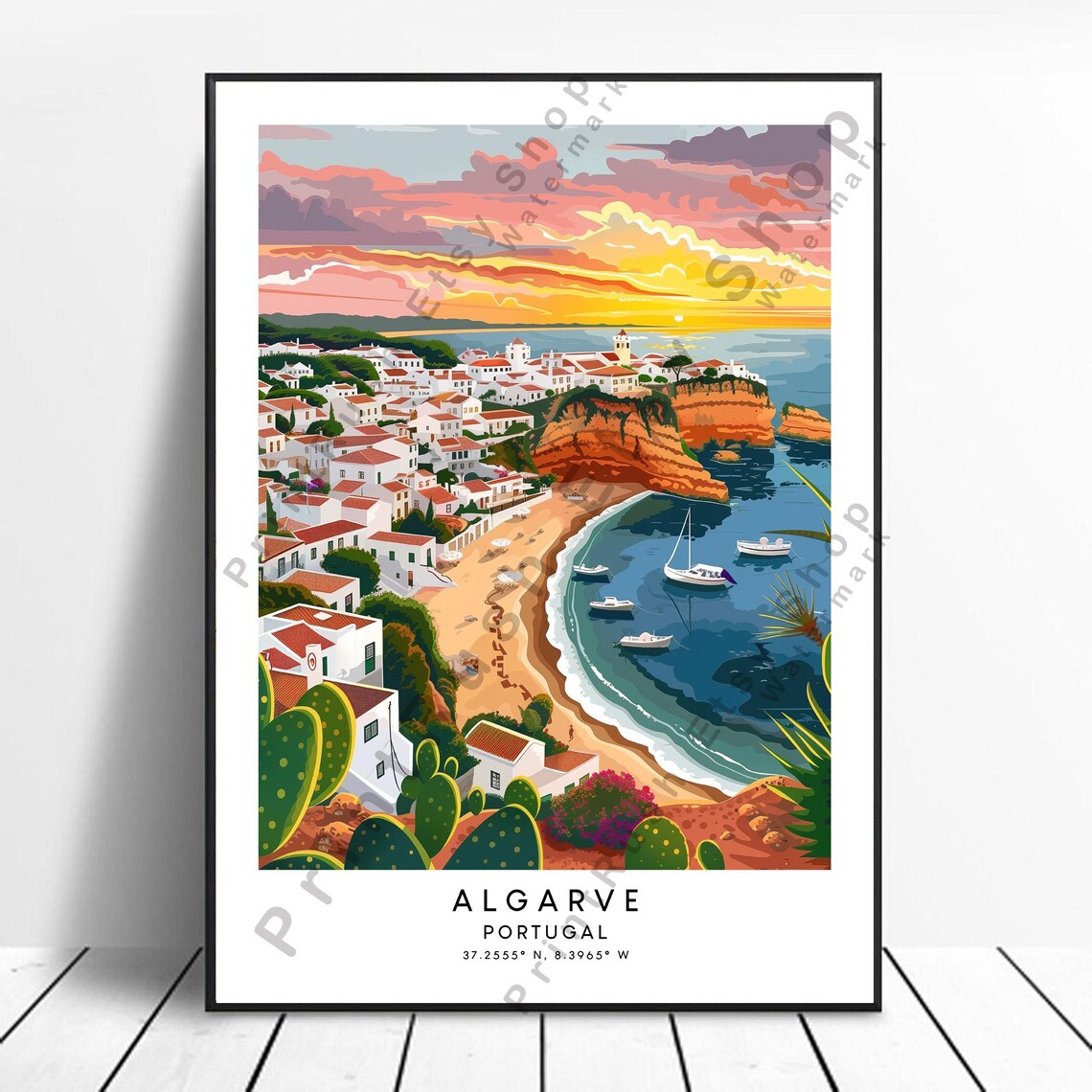 Algarve Portugal Sunset Over a Cliffside Fishing Town Poster