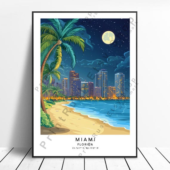 Florida Travel Print Miami Wall Decor Artwork Colourful Home Dcor Poster Illustration Art Gift