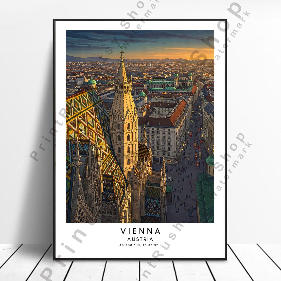Vienna Austria St Stephens Cathedral Sunset Rooftop Travel Poster