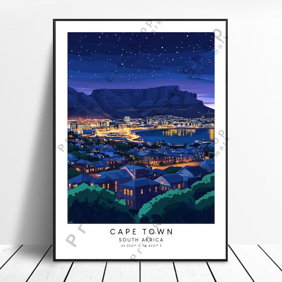 Cape Town South Africa Table Mountain Night Lights Travel Poster