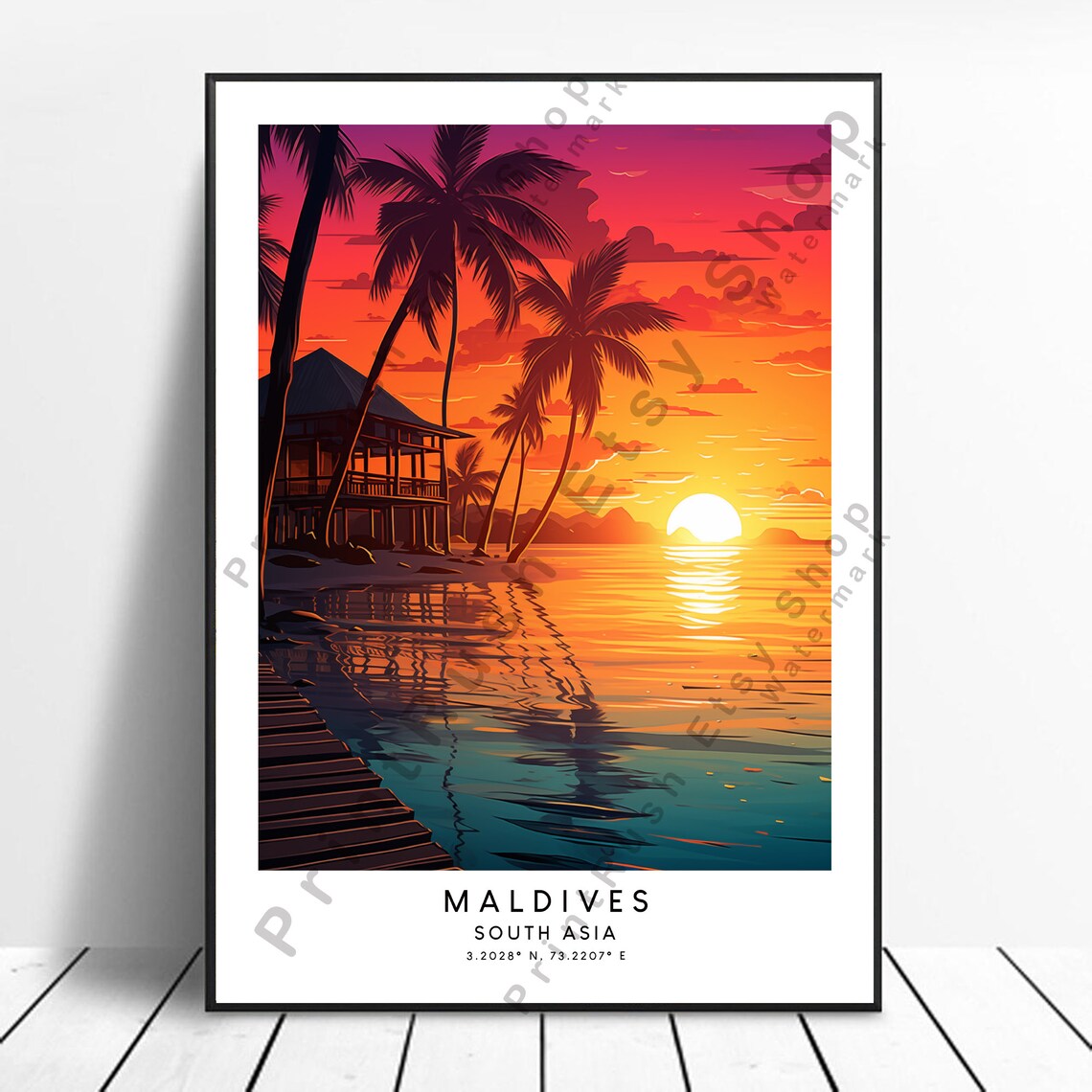Maldives Travel Print, Colourful Minimalist Poster