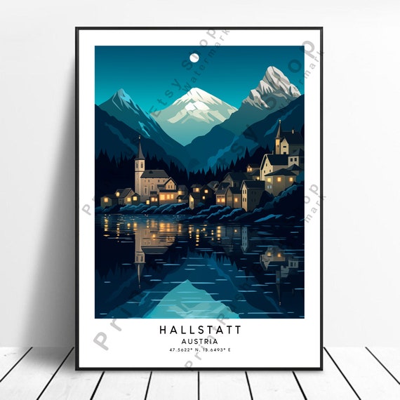 Hallstatt Travel Print Poster Wall Art Colourful Dcor Illustration