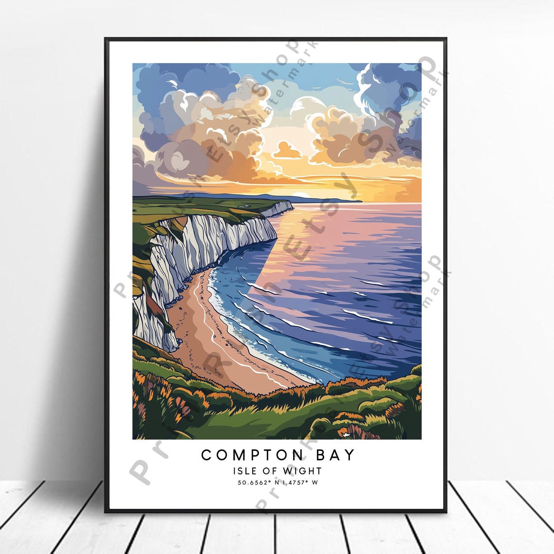 Compton Bay Isle Of Wight White Cliffs Sunset Coast Travel Poster