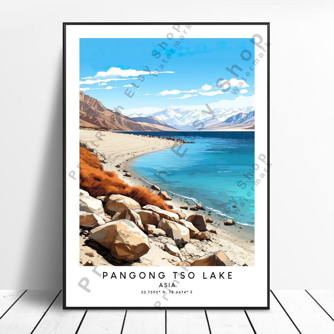 Pangong Tso Lake Turquoise Shore Himalayan Peaks Travel Poster