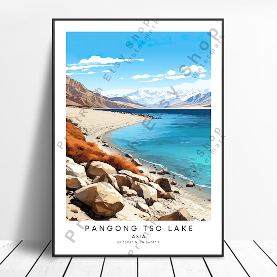 Pangong Tso Lake Turquoise Shore Himalayan Peaks Travel Poster