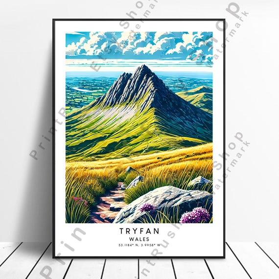 Tryfan Wales Illustration Art Mountain Trail Landscape Hiking View Print Snowdonia Poster Wall Travel