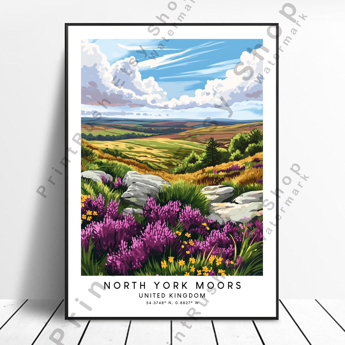 North York Moors United Kingdom Vibrant Heather Hills Travel Poster