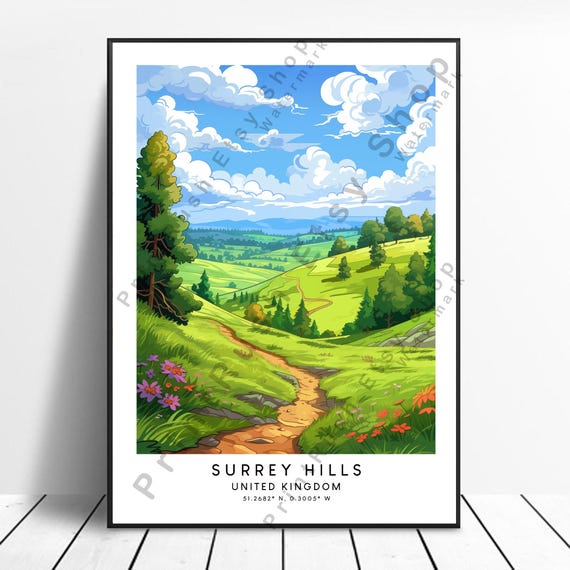 Surrey Hills Travel Print Colourful Poster Wall Art Minimalist Home Decor Gift