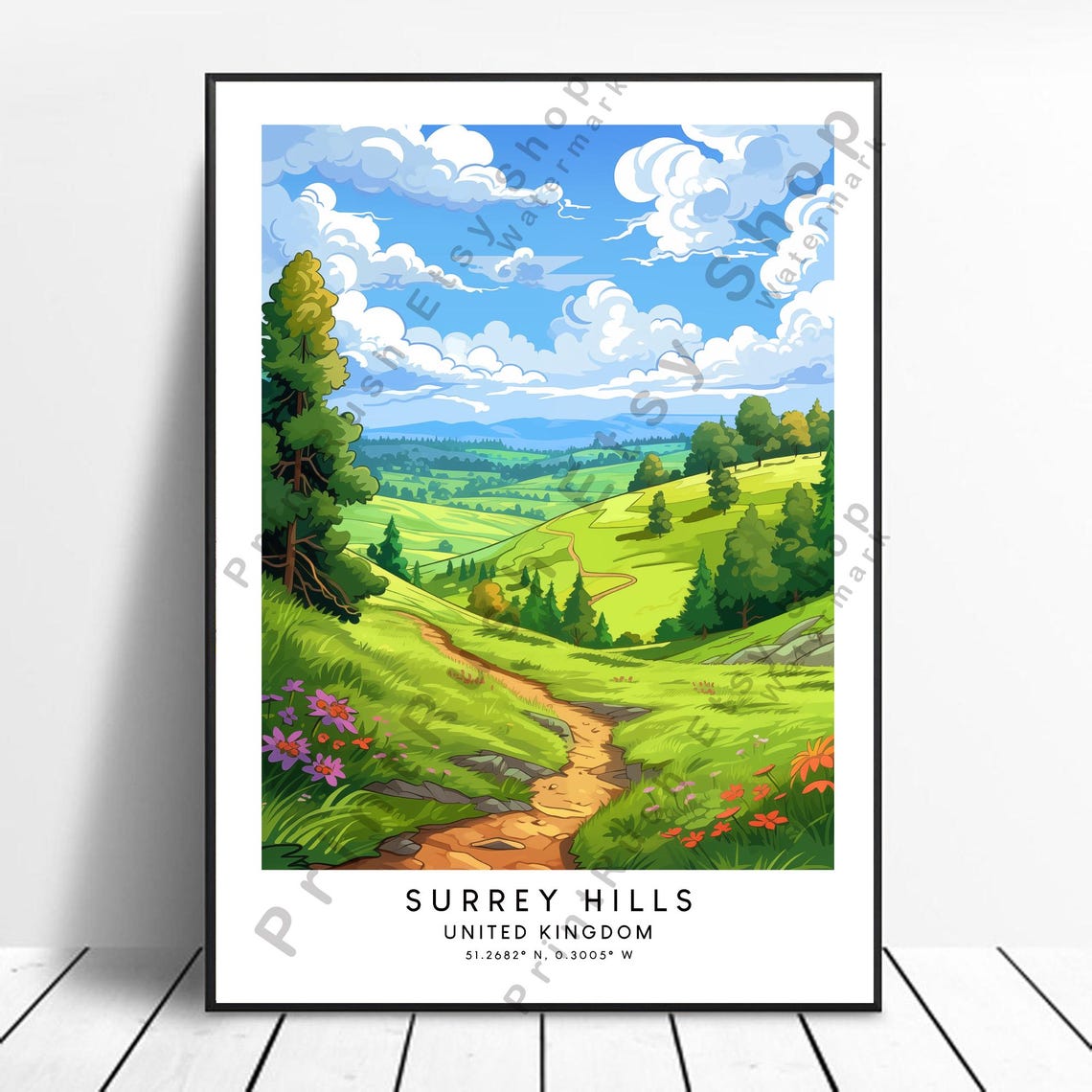 Surrey Hills Travel Print Colourful Poster Wall Art Minimalist Home Decor Gift