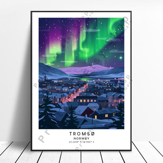 Tromso Travel Print Colourful Poster Wall Art Illustration Norway Home Decor Northern Lights