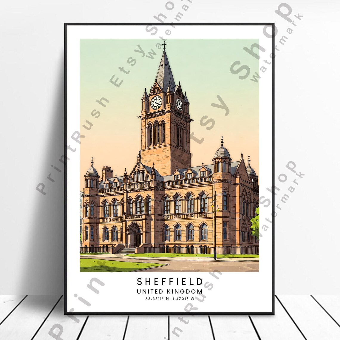 Sheffield Town Hall Clock Tower England Landmark Travel Poster