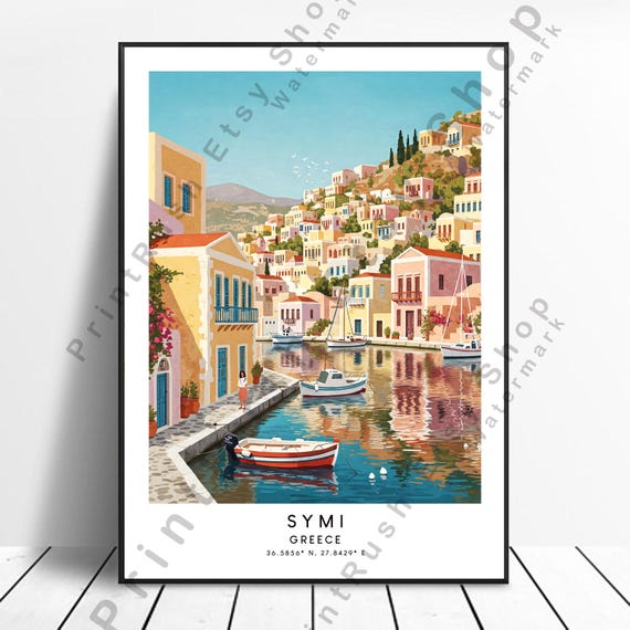 Symi Greece Artwork Illustration Greek Island Print Harbour Poster Colourful Wall Dcor Hanging Gift
